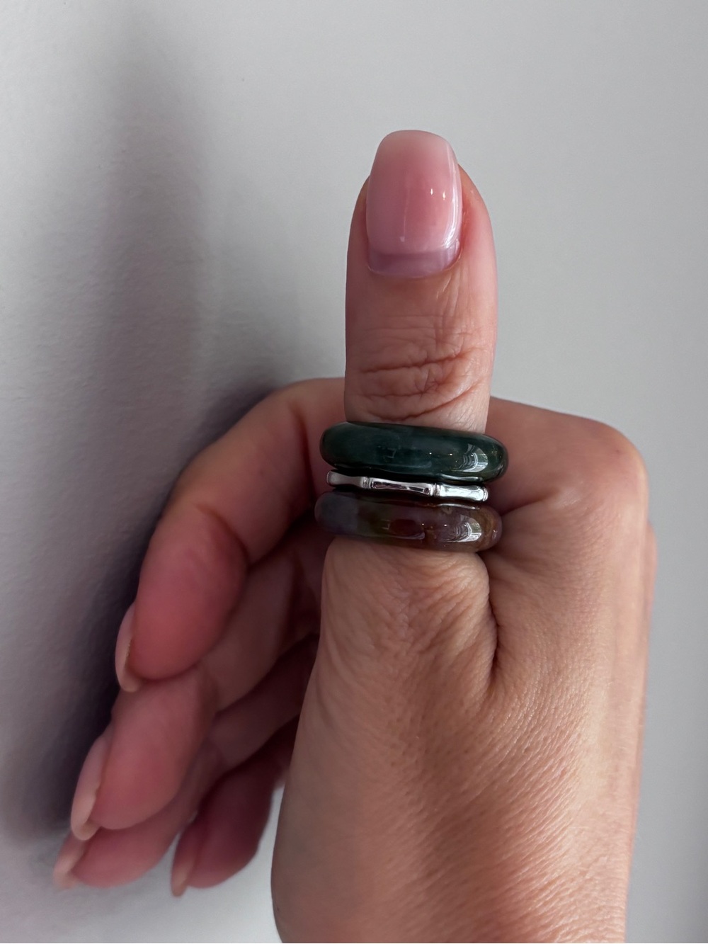 Stone Trilogy Stack Green Agate Ring Set Of 3 Bands, Size 8